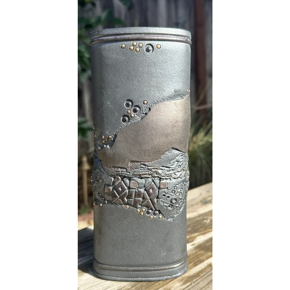 The Terry Pottery Dark Metallic Lustre with Gold/Brass Beads Vase 9.25